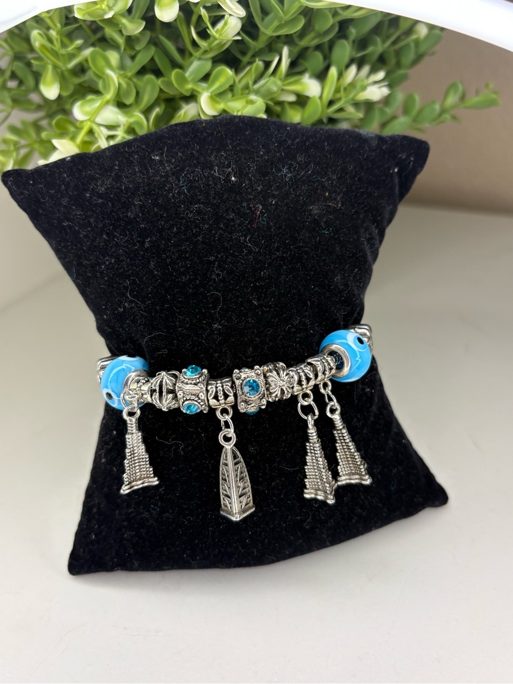 Evil Eye Eiffel Tower Charm Bracelet Silver Tone Blue European Style